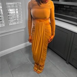 Almond Ruched Two-Piece Slit Skirt Set